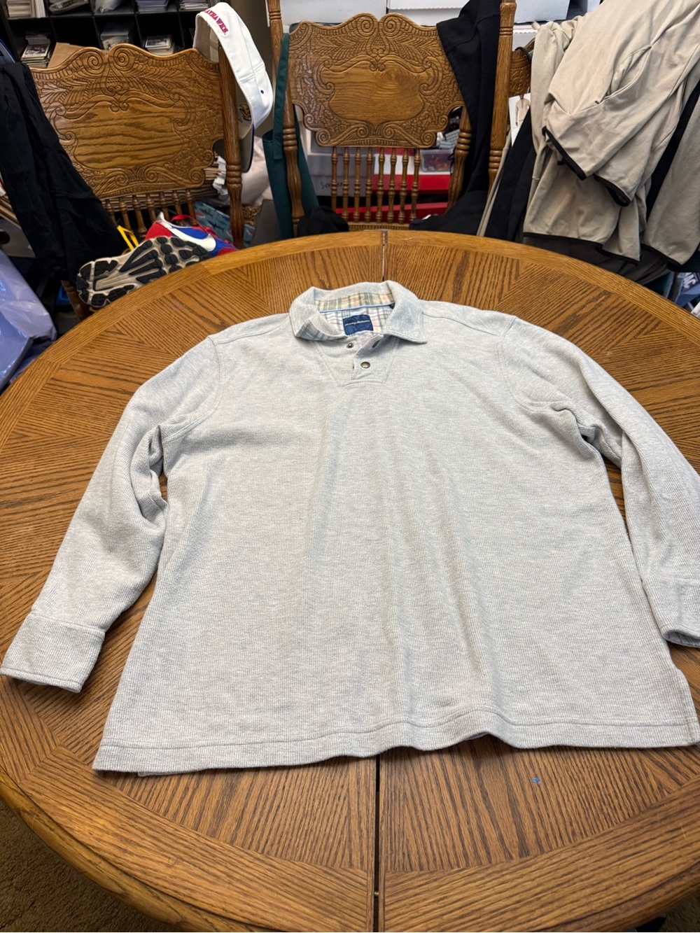 Tommy Bahama Light Gray Long Sleeve Polo with Plaid-Trim Collar